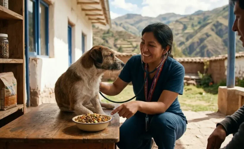 Una veterinaria peruana sonríe mientras examina con un estetoscopio a un perro mestizo sobre una mesa de madera. Ella señala un tazón de alimento balanceado. Al fondo, se ven montañas andinas y una casa de adobe.