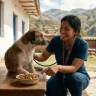 Una veterinaria peruana sonríe mientras examina con un estetoscopio a un perro mestizo sobre una mesa de madera. Ella señala un tazón de alimento balanceado. Al fondo, se ven montañas andinas y una casa de adobe.