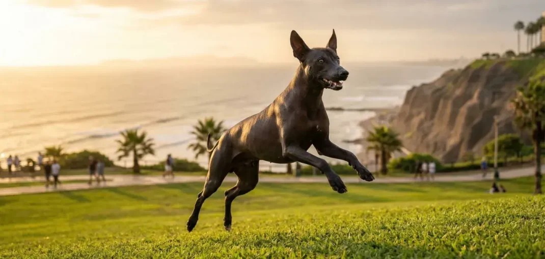 Un Perro Sin Pelo del Perú (Viringo) salta alegremente en un parque de Miraflores, Lima, demostrando la energía que le brindan los buenos alimentos para perros. Al fondo, los acantilados de la Costa Verde y el océano Pacífico durante el atardecer.