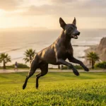 Un Perro Sin Pelo del Perú (Viringo) salta alegremente en un parque de Miraflores, Lima, demostrando la energía que le brindan los buenos alimentos para perros. Al fondo, los acantilados de la Costa Verde y el océano Pacífico durante el atardecer.