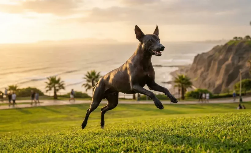 Un Perro Sin Pelo del Perú (Viringo) salta alegremente en un parque de Miraflores, Lima, demostrando la energía que le brindan los buenos alimentos para perros. Al fondo, los acantilados de la Costa Verde y el océano Pacífico durante el atardecer.