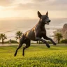 Un Perro Sin Pelo del Perú (Viringo) salta alegremente en un parque de Miraflores, Lima, demostrando la energía que le brindan los buenos alimentos para perros. Al fondo, los acantilados de la Costa Verde y el océano Pacífico durante el atardecer.