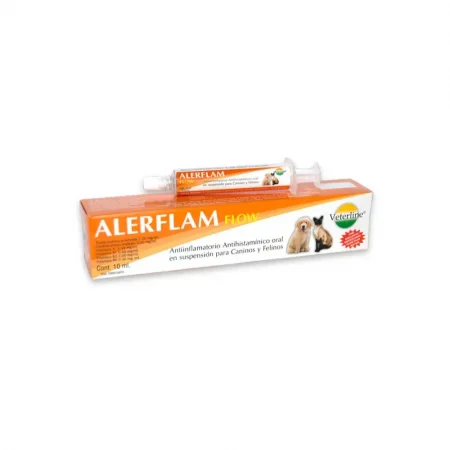 Frasco de Alerflam Flow 10 ml con jeringa, antiinflamatorio y antihistamínico para tratamiento de alergias en perros y gatos.