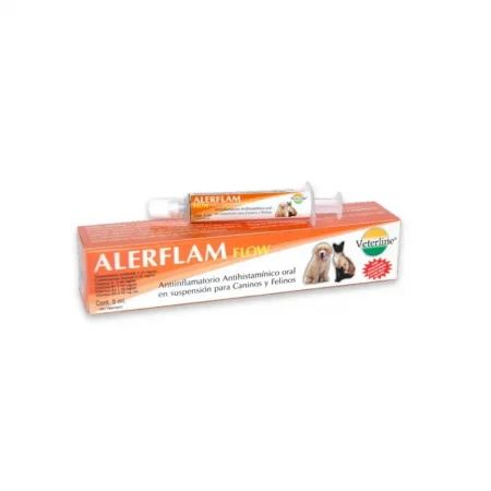 Caja y jeringa dosificadora de Alerflam Flow, antiinflamatorio y antihistamínico oral para perros y gatos de Veterline.