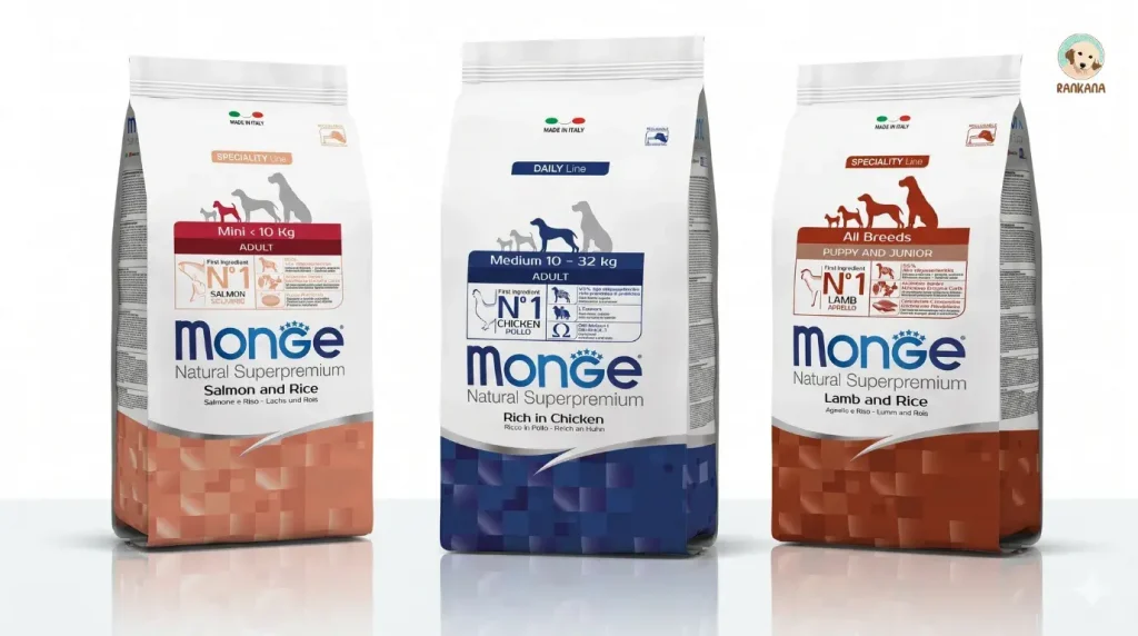 Tres bolsas de alimento Monge Natural Superpremium para diferentes etapas: Mini Adult Salmon, Medium Adult Chicken y Puppy and Junior Lamb sobre un fondo blanco con reflejo.