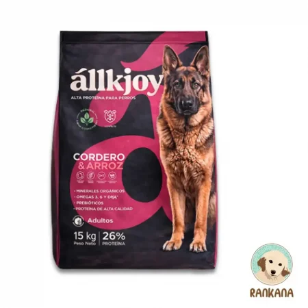 Bolsa de comida para perros adultos Allkjoy sabor cordero y arroz de 15kg con 26% de proteína.