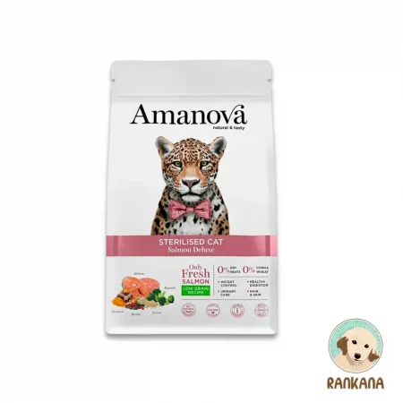 Bolsa de alimento Amanova Sterilised Cat Salmon Deluxe de 6 kg para gatos esterilizados. Empaque blanco con imagen de un leopardo con pajarita rosa. Incluye ingredientes como salmón fresco, brócoli, cúrcuma y berries.