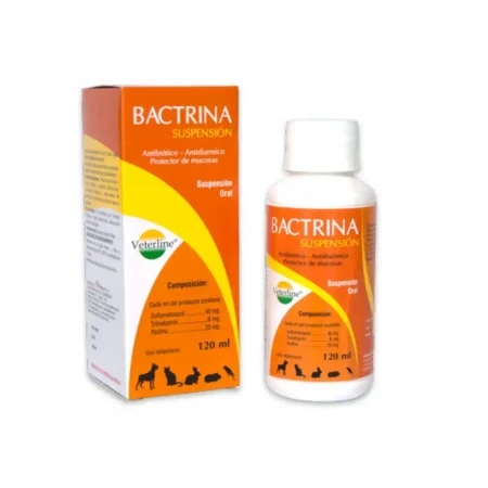 Frasco y caja de Bactrina Suspensión 120 ml, antibiótico y antidiarreico oral para mascotas de Veterline.