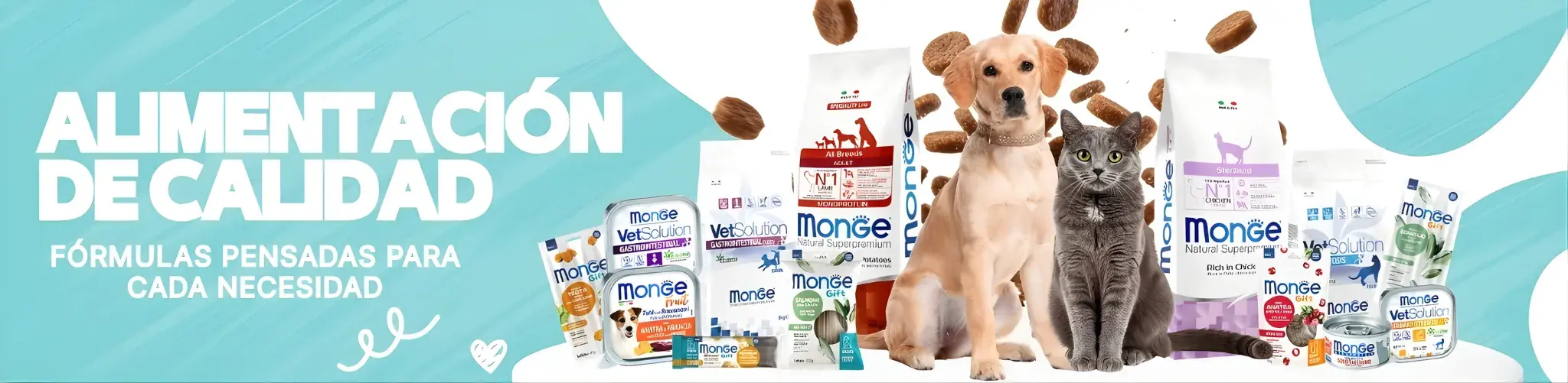 Banner publicitario de alimentos Monge para perros y gatos que muestra la línea VetSolution, Natural Superpremium y Monge Gift con un perro Golden Retriever y un gato gris.