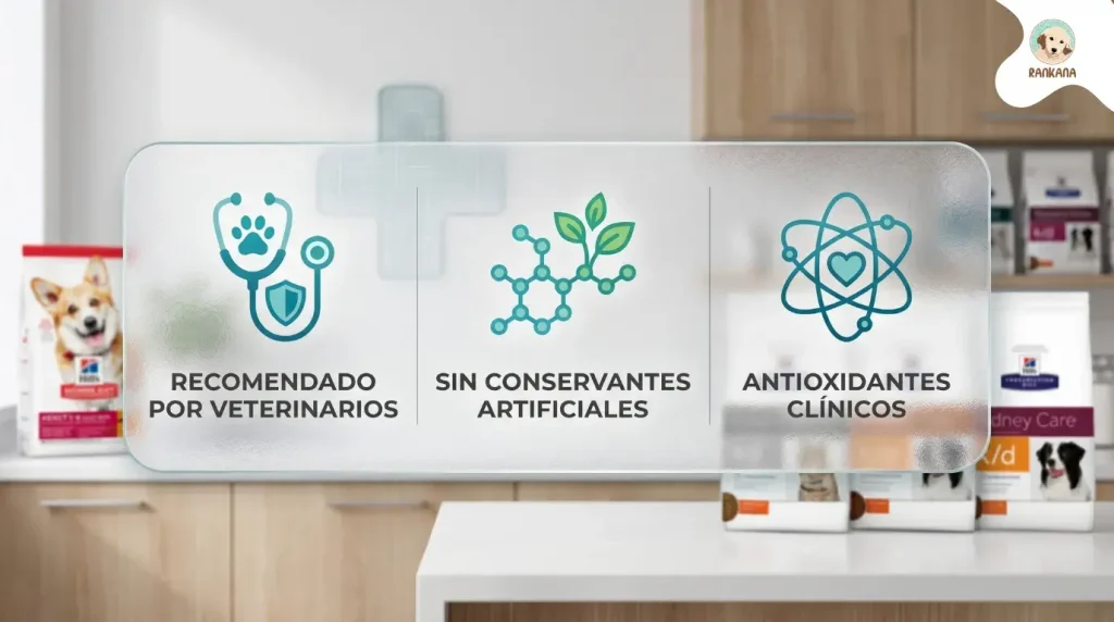 Banner de Hill's Science Diet con iconos de recomendación veterinaria, sin conservantes y antioxidantes clínicos sobre fondo de clínica veterinaria.