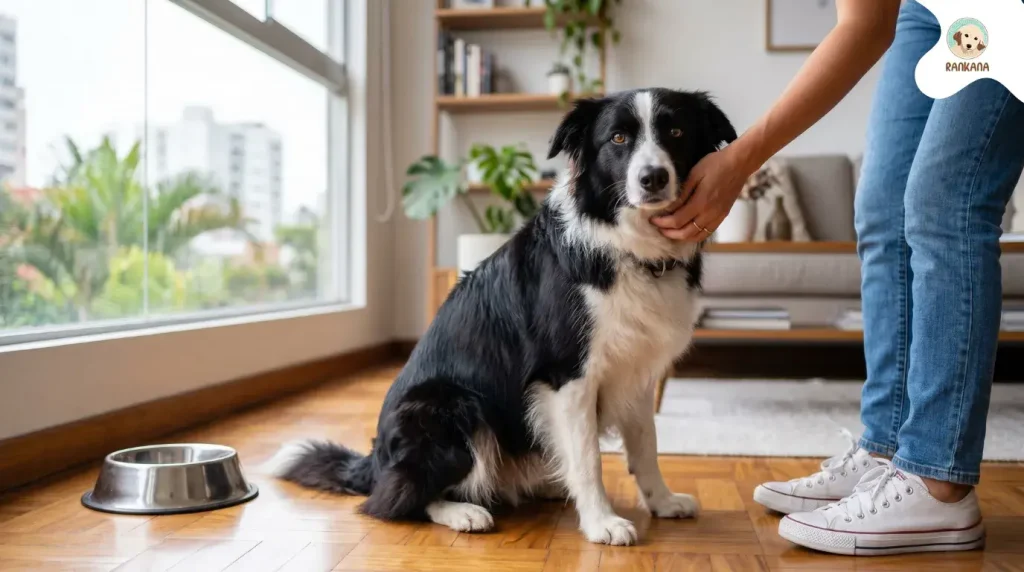 Un Border Collie de color blanco y negro sentado en el suelo de madera de una casa, con su dueño de pie a su lado y acariciándolo. En primer plano, se ve un plato de metal para la comida. Al fondo, una ventana con vistas a la calle y plantas.