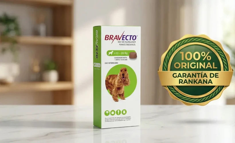 Caja verde de Bravecto para perros de 10 a 20 kg sobre fondo de hogar moderno con sello de garantía de originalidad Rankana.