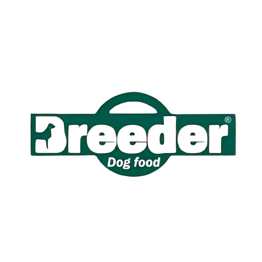 Logotipo de Breeder Dog Food en verde bosque profundo y blanco, con la palabra 'Breeder' en letras grandes y blancas sobre un fondo rectangular que incluye una silueta de perro en la letra 'B', con 'Dog food' debajo.