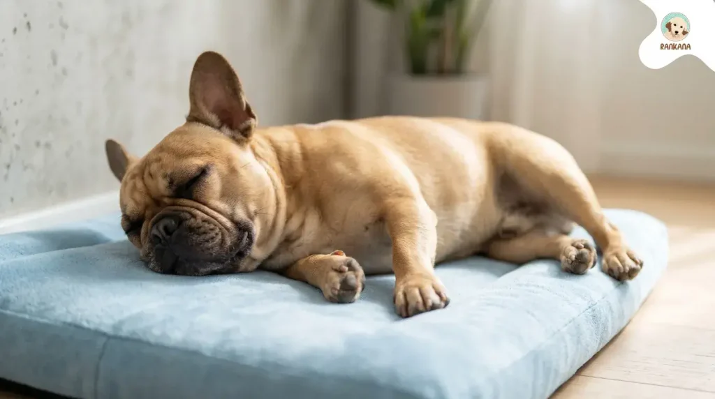 Bulldog Francés de color canela durmiendo plácidamente sobre una cama de perro azul en una habitación soleada con suelo de madera.