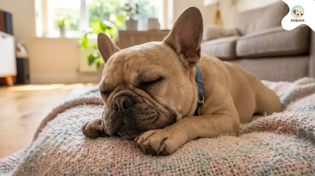 Primer plano de un Bulldog Francés descansando plácidamente, representando el alivio tras un tratamiento nutricional efectivo.