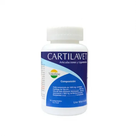 Suplemento Cartilavet de Veterline con 90 tabletas para articulaciones y ligamentos, contiene Cartílago de Tiburón y Uña de Gato para perros y gatos en Rankana.