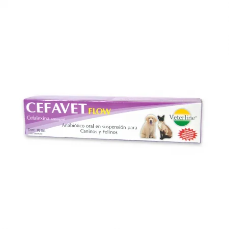 Caja de Cefavet Flow 10 ml de Veterline. Antibiótico oral en suspensión con Cefalexina 600 mg/ml para perros y gatos. Muestra un cachorro de Golden Retriever y un gato Siamés.
