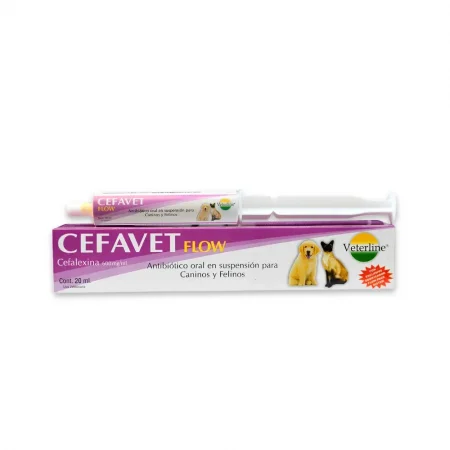 Caja y jeringa dosificadora de Cefavet Flow 20 ml, antibiótico oral en suspensión con Cefalexina 600 mg/ml para perros y gatos de Veterline. El empaque lila y blanco muestra fotos de un cachorro y un gato, resaltando el dosificador Flow Pack System.