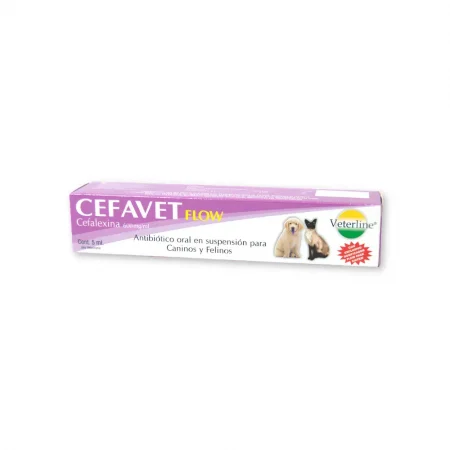 Caja de Cefavet Flow 5 ml de Veterline, antibiótico oral en suspensión con Cefalexina 600 mg/ml para perros y gatos. El empaque muestra imágenes de un cachorro de Golden Retriever y un gato Siamés.