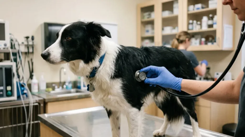 Primer plano de un veterinario usando un estetoscopio para examinar a un perro Border Collie en una clínica moderna.