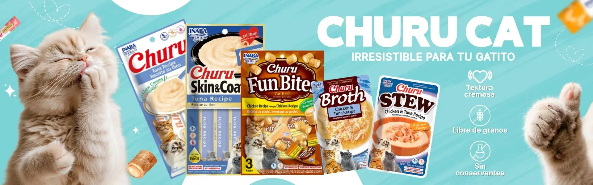 Banner de Churu Cat con un gato feliz y productos. Texto: Irresistible para tu gatito, textura cremosa, libre de granos, sin conservantes.