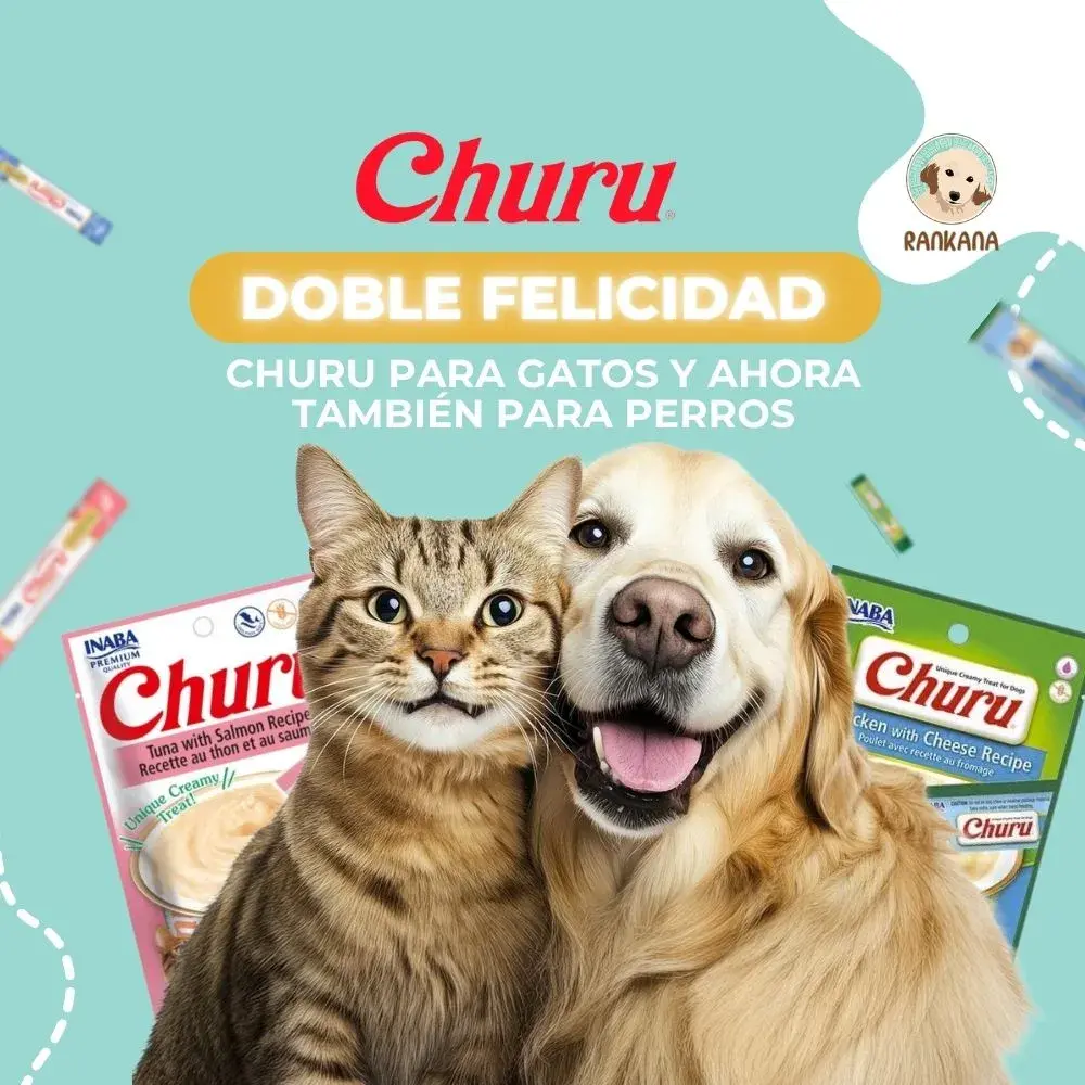 Gato atigrado y perro Golden Retriever felices junto a paquetes de Churu para gatos y perros de la marca Rankana. Un snack cremoso de Inaba Premium Quality para mascotas.