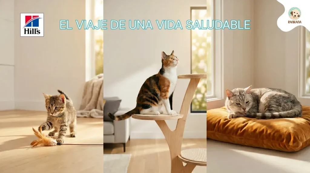 Tríptico fotográfico que muestra a un gatito cachorro jugando, un gato adulto activo en su rascador y un gato senior descansando, representando las etapas de crecimiento con Hill's.