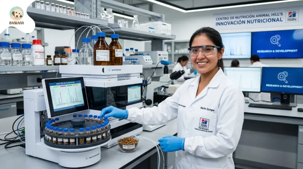 Una científica de Hill's Pet Nutrition con bata y gafas de seguridad sonríe mientras manipula una gradilla de viales de muestra en una máquina HPLC de alta tecnología para el análisis de nutrientes de alimentos para mascotas en un laboratorio moderno.