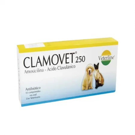 Clamovet 250 mg de Veterline, antibiótico para perros y gatos con Amoxicilina y Ácido Clavulánico en caja de 10 pastillas.