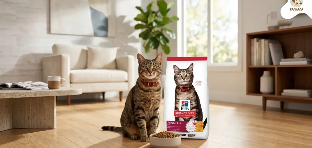 Gato doméstico saludable junto a bolsa de alimento Hill's Science Diet Adult 1-6 en una sala iluminada.