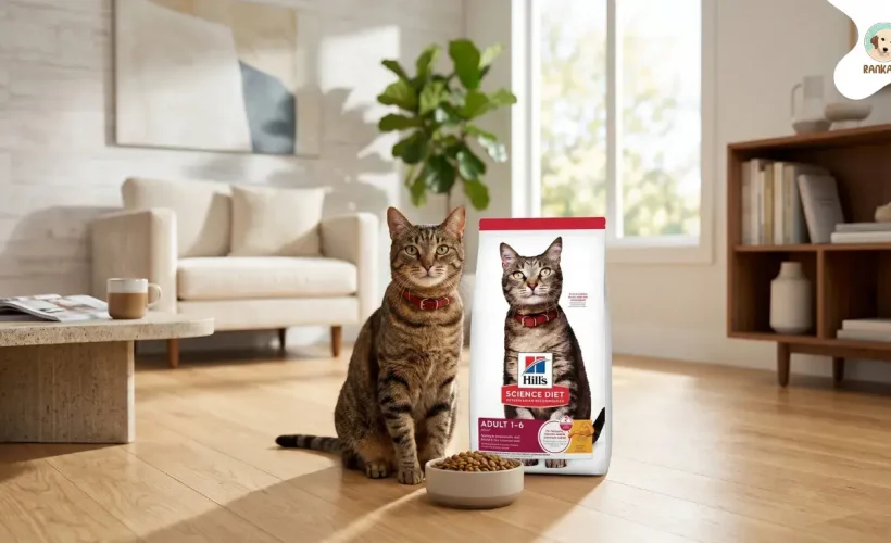 Gato doméstico saludable junto a bolsa de alimento Hill's Science Diet Adult 1-6 en una sala iluminada.