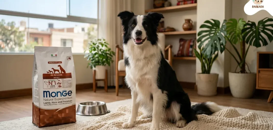 Perro Border Collie sentado junto a una bolsa de alimento Monge Natural Superpremium Adult Lamb Rice and Potatoes en una sala iluminada.