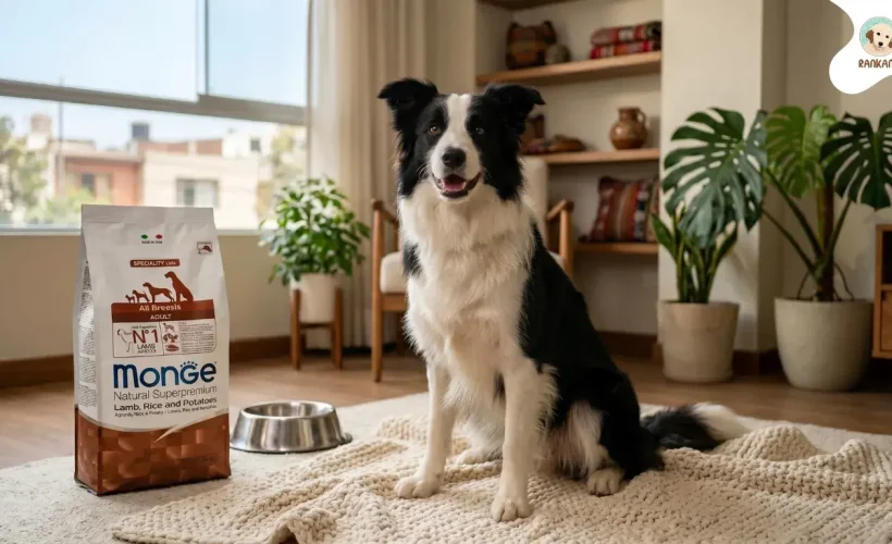 Perro Border Collie sentado junto a una bolsa de alimento Monge Natural Superpremium Adult Lamb Rice and Potatoes en una sala iluminada.
