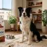 Perro Border Collie sentado junto a una bolsa de alimento Monge Natural Superpremium Adult Lamb Rice and Potatoes en una sala iluminada.