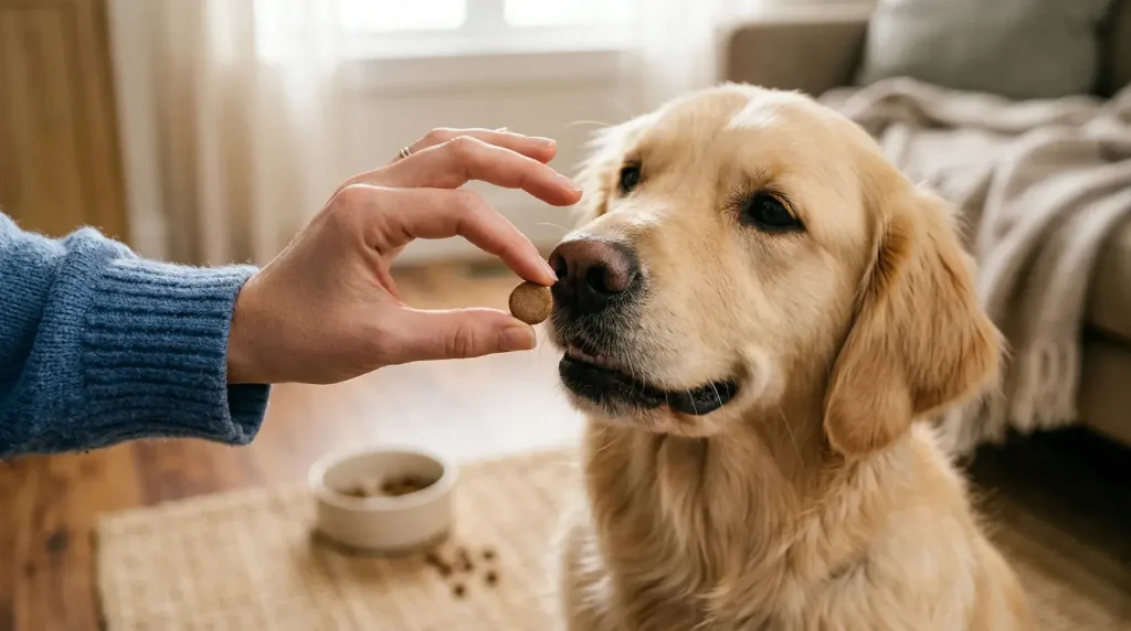 Primer plano de una persona dándole una pastilla masticable de Bravecto a un perro Golden Retriever, por Rankana. Muestra cómo el perro huele y toma el medicamento con interés. Incluye el tazón de comida del perro de fondo.