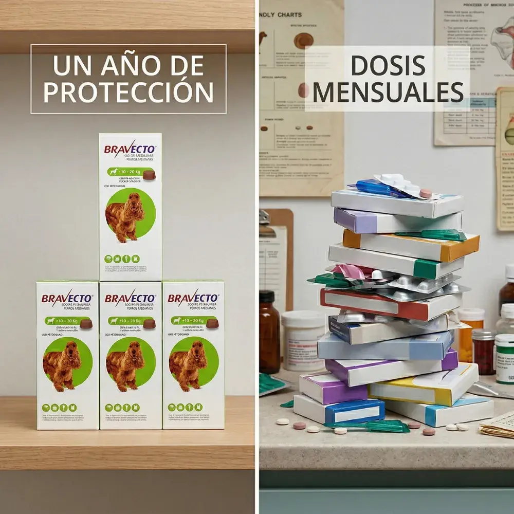Imagen dividida que compara la simplicidad de usar 4 cajas verdes de Bravecto ordenadas para un año de protección, frente a una pila desordenada de 12 cajas de tratamientos mensuales genéricos.