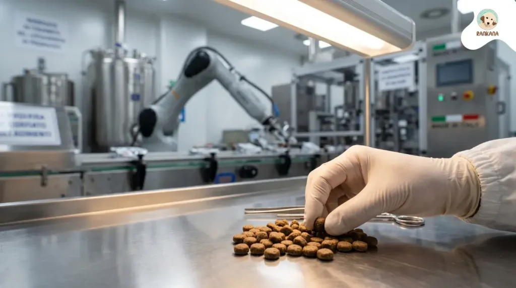 Primer plano macro de un técnico con guantes inspeccionando croquetas de alimento para perros Monge en un laboratorio de alta tecnología en Italia, con brazos robóticos industriales al fondo.