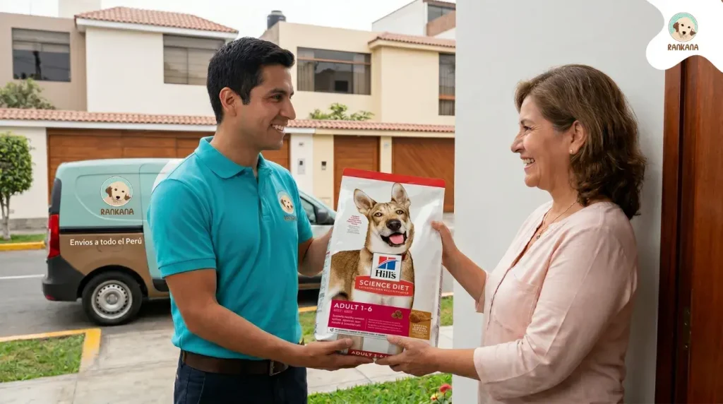 Repartidor de Rankana con polo turquesa entregando bolsa de comida para perro Hill's Science Diet a una cliente en la puerta de su casa en Miraflores, Lima.