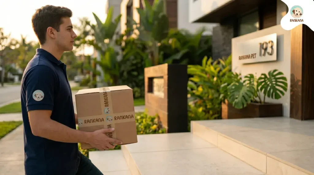 Repartidor de Rankana con uniforme azul marino llevando una caja de pedido sellada con cinta de marca hacia la entrada de una casa moderna en Lima.