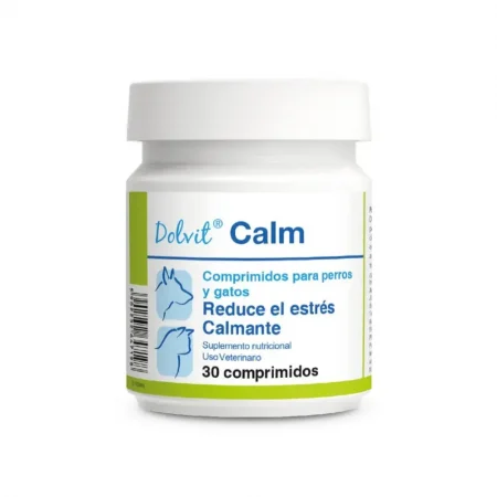Suplemento natural Dolvit Calm de Dolfos Pets en frasco de 30 comprimidos, diseñado para reducir el estrés y la ansiedad en perros y gatos disponible en Rankana.