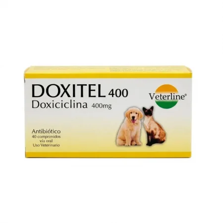 Caja de Doxitel 400 mg de Veterline, antibiótico de amplio espectro para perros y gatos, caja por 40 comprimidos.