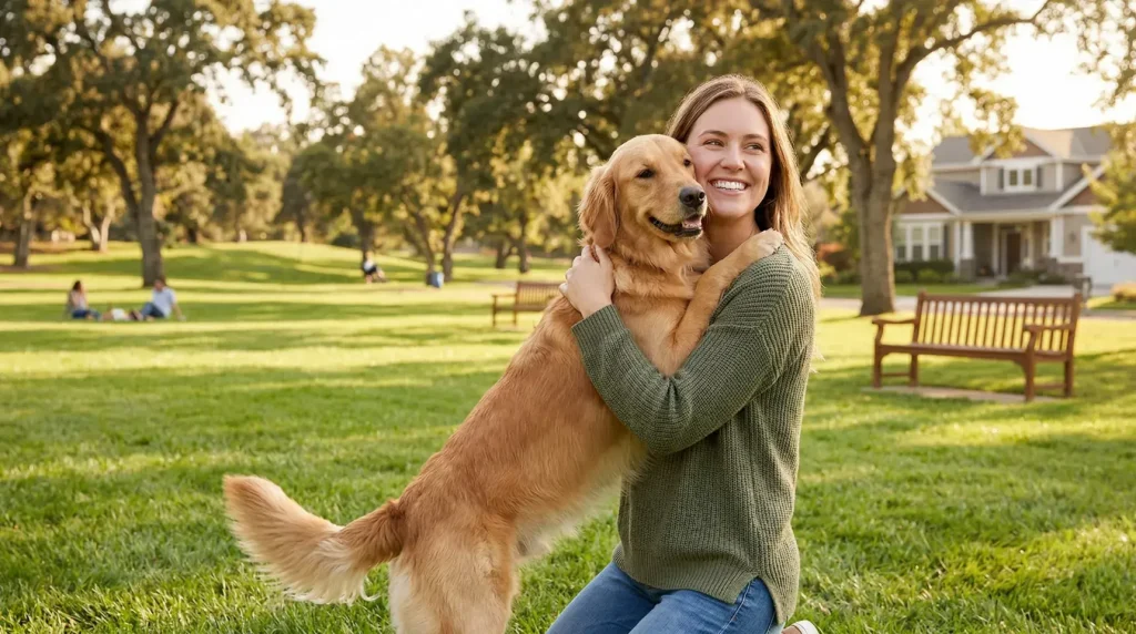 Una mujer feliz de rodillas abraza cariñosamente a su perro Golden Retriever de pie en un parque verde durante el atardecer en Perú. Ambos se ven saludables y contentos, representando el bienestar de las mascotas por Rankana.