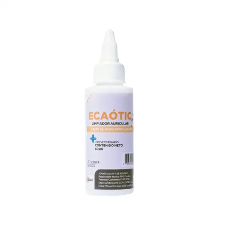 Ecaotic Limpiador Auricular de 60 ml para uso veterinario, solución a base de ácido hipocloroso para la higiene de oídos en perros y gatos.