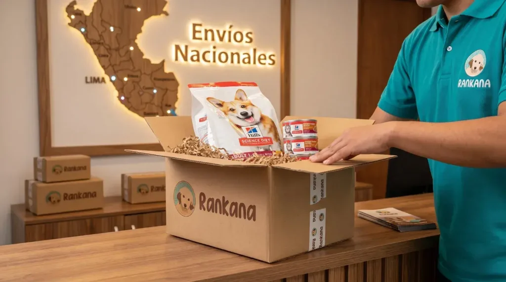 Personal de Rankana preparando una caja de envío nacional con comida seca y húmeda Hill's para perros en su centro de distribución en Lima, Perú.