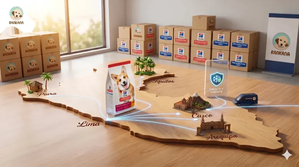 Mapa 3D de madera del Perú que muestra la ruta de distribución de alimento para perros Hill's Science Diet desde Lima hacia Piura, Iquitos, Cusco y Arequipa por Rankana.