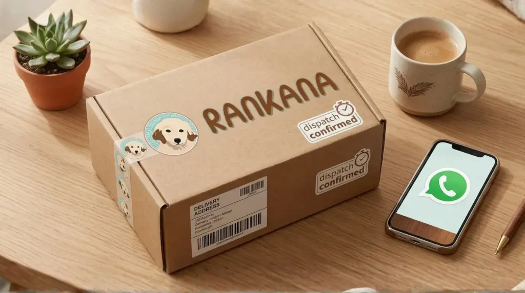 Una toma flat lay de un escritorio de madera minimalista con una caja de envío de Rankana con la marca y un smartphone que muestra el logotipo de WhatsApp.