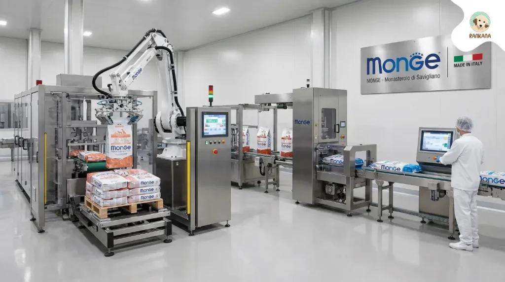 Vista de la planta de producción de Monge en Monasterolo di Savigliano, Italia, mostrando robots industriales y un operador empaquetando alimento premium para mascotas con el logo de Rankana en la esquina.