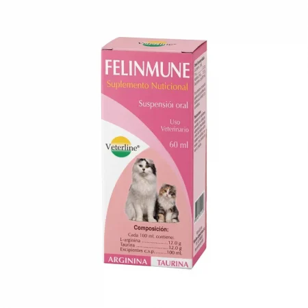 Suplemento nutricional Felinmune de Veterline 60 ml, suspensión oral con L-arginina y Taurina para fortalecer el sistema inmunológico de gatos en Rankana.