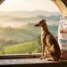 Fotografía premium de un Galgo Italiano sentado en un alféizar de ventana de piedra rústica, mirando un paisaje de colinas toscanas al amanecer. Junto a él, una bolsa de 2.5 kg de alimento para perros Monge Natural Superpremium All Breeds Salmon and Rice.