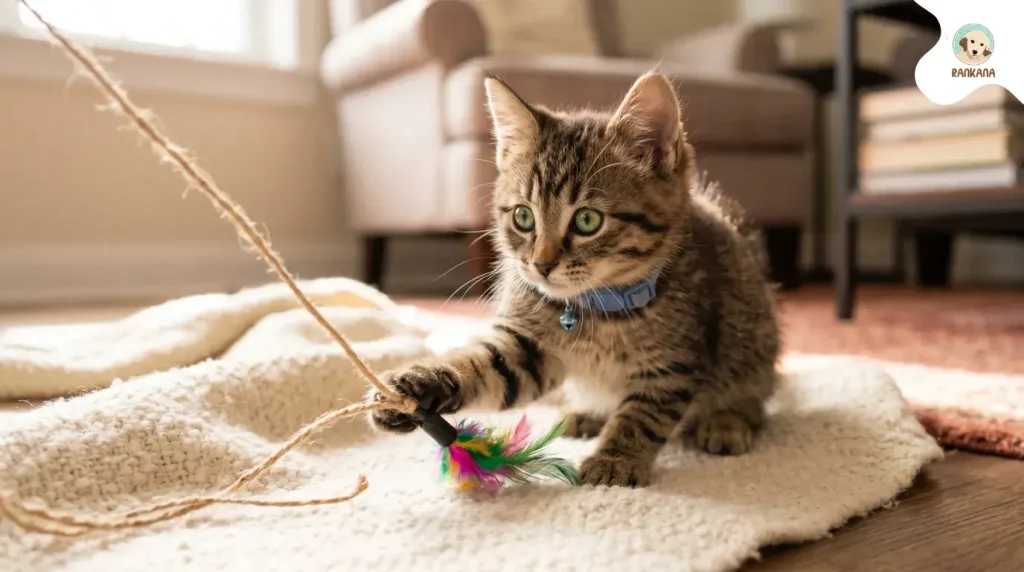 Gatito de dos meses jugando con un juguete de plumas sobre una manta suave, ambiente cálido y seguro.